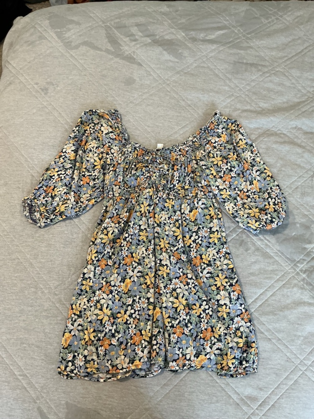 American Eagle Outfitters Navy Floral Smocked Top with Yellow and Green Accents